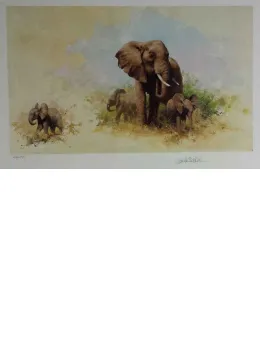 Elephant And Babies - Dark Wood Framed