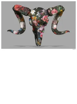 Floral Ram Skull (Grey Background) - Small - Mounted