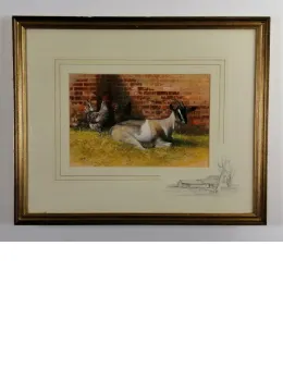 Goat And Rooster - Original - Brown Framed