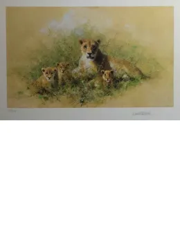Lioness And Cubs - Dark Wood Framed