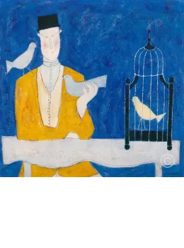 Man With Bird Cage - Blue - Print only