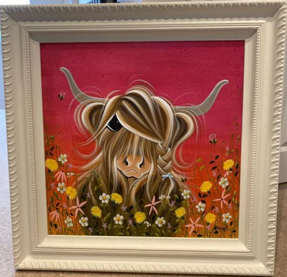 Moo In The Sunset Meadow - Original - White Framed Moo In The Sunset Meadow - Original - White Framed