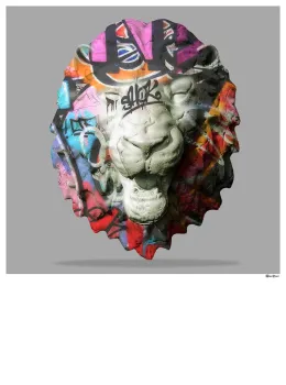 Street Safari - Graffiti Lion Head (Grey Background) - Small - Black Framed