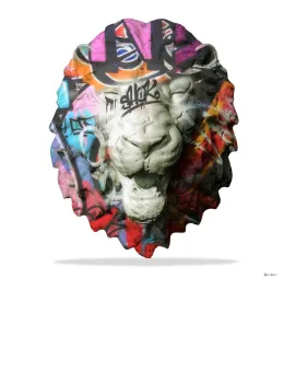 Street Safari - Graffiti Lion Head (White Background) - Large - Black Framed