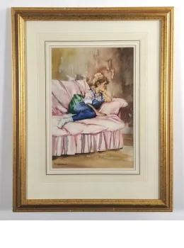 Girl On A Pink Sofa - Original Watercolour - Framed