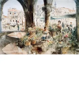 A Flower Market In Venice - Mounted